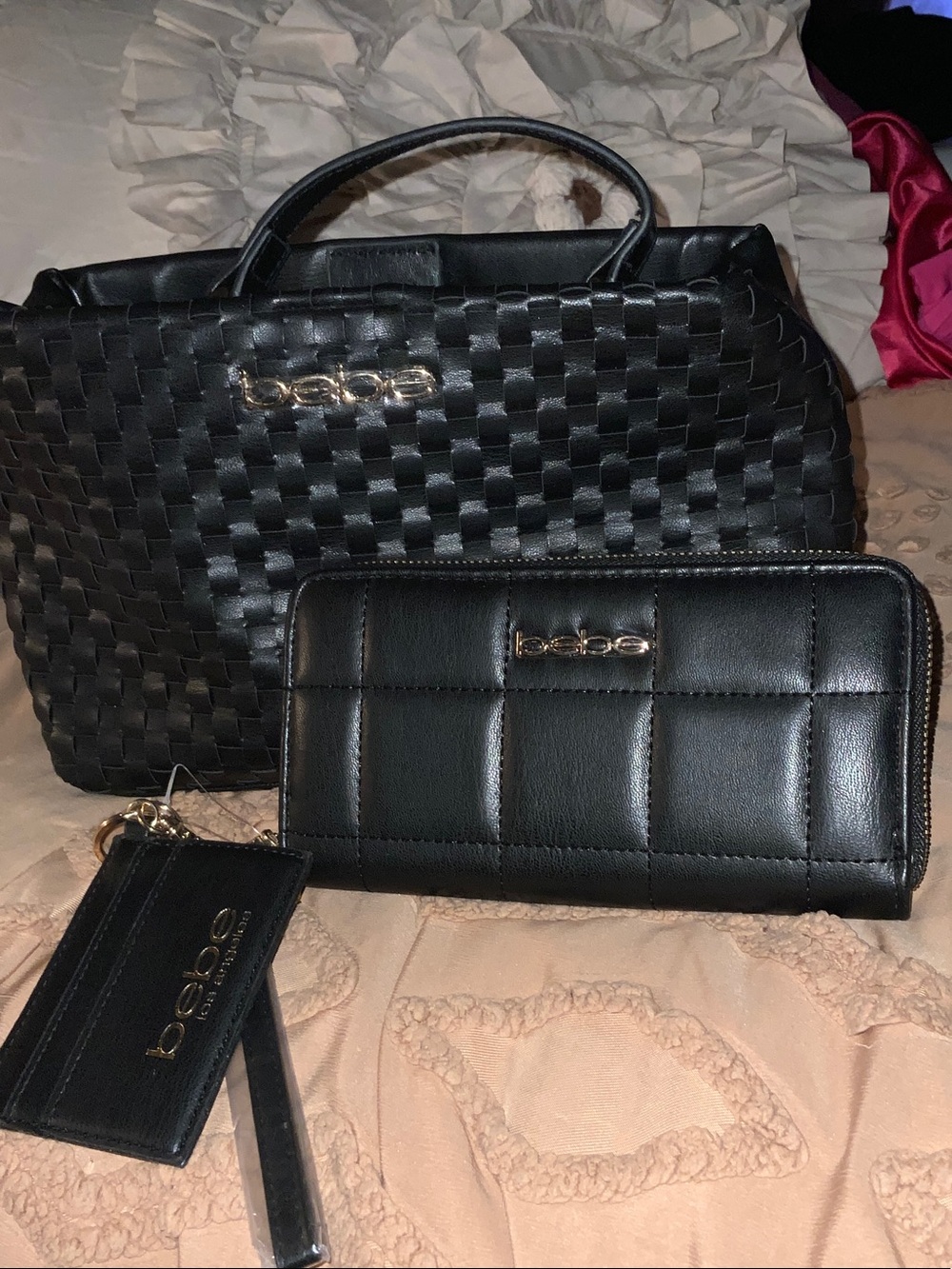 bebe Black Quilted Tote and Zip Wallet Set with Gold Accents